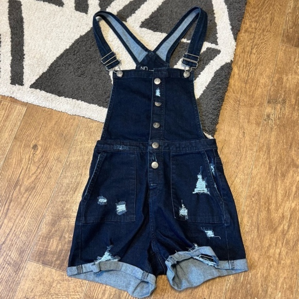 No Boundaries mid rise button front closure factory distressed overalls B-3
